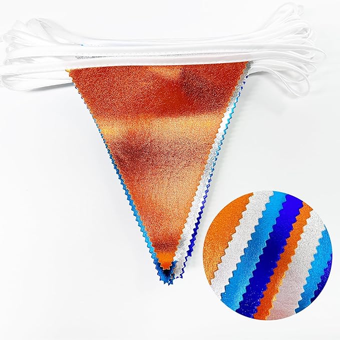 Orange Blue Silver Party Decorations Metallic Fabric Triangle Pennant Banner Flag Bunting Garland for Space Theme Birthday Wedding Bridal Shower Baby Shower Engagement Graduation Party Supplies-VerdiqueGarden