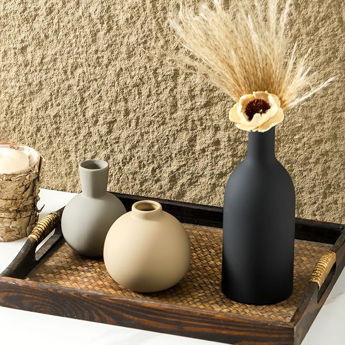 Ceramic Vase Set of 3, Flower Decorative Vases Home Decor Boho Neutral Modern Pottery Pampas Vases for Centerpiece Bouquet Table Mantel Entryway Bookshelf Living Room Bedroom Bathroom Kitchen-VerdiqueGarden