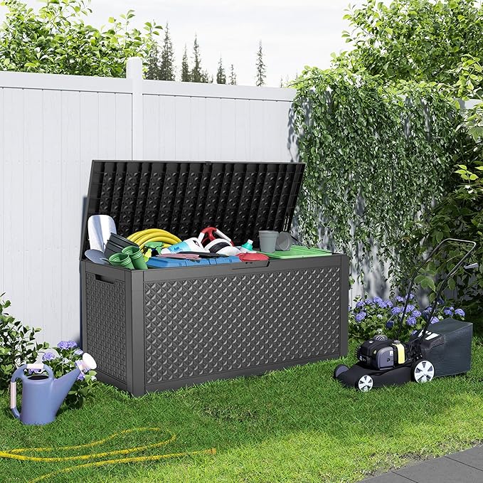 100 Gallon Resin Deck Box, Lockable Patio Outdoor Storage Box for Furniture, Garden Tools and Tools Storage, Waterproof Outside Storage Boxes - Patterned black-VerdiqueGarden