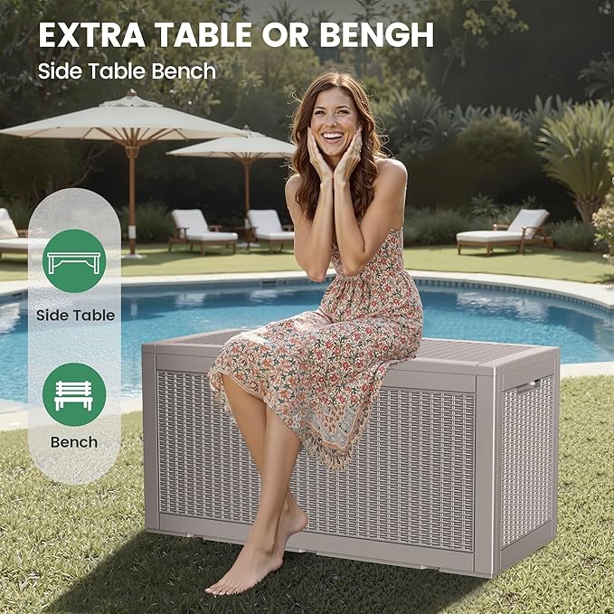 100 Gallon Storage Box, Waterproof Resin Deck Box with Hydraulic Piston Design, Lockable Storage Bench for Package Delivery, Storage Bin for Patio Cushions, Garden Tools, Grey-VerdiqueGarden