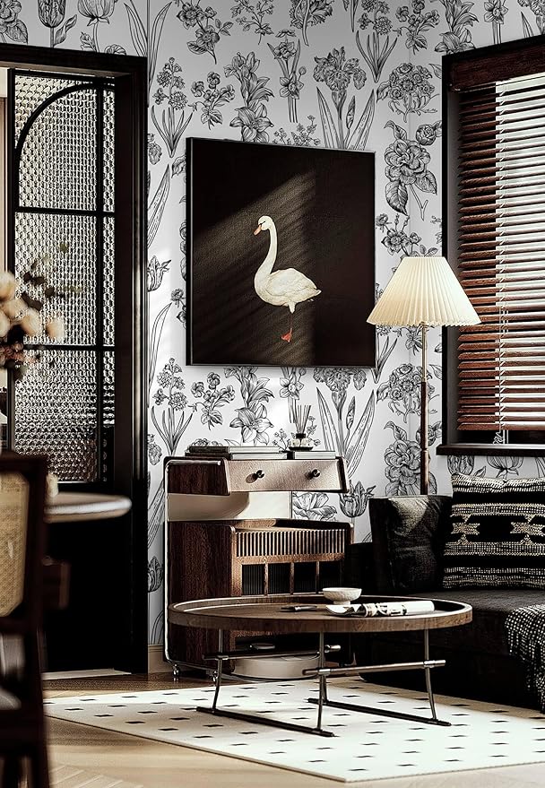 Dimoon 78.7"x17.3" Floral Peel and Stick Wallpaper White Contact Paper Waterproof Black Lines Wallpaper Vintage Flower Thicken Plant Self Adhesive Removable Wall Covering Shelf Liner Decal Vinyl Roll-VerdiqueGarden