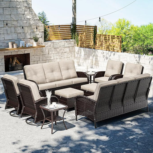 Joyside 10 Piece Patio Furniture Set, Outdoor Wicker Conversation Sets with Swivel Rocker Chairs and Sofa, Thick Cushion, Rattan Patio Sectional for Porch, Deck Use (Brown/Beige, 10 PCS)-VerdiqueGarden