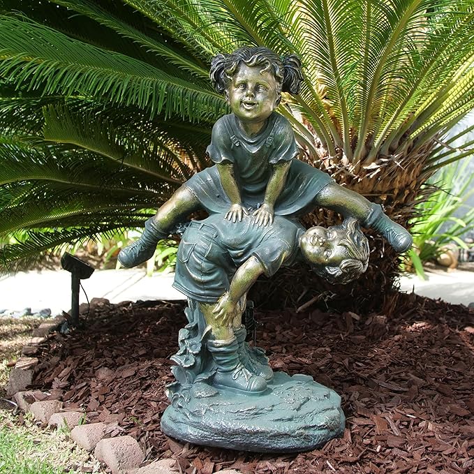 Alpine Corporation 26" Tall Indoor/Outdoor Girl Jumping Over Boy Statue Yard Art Decoration-VerdiqueGarden