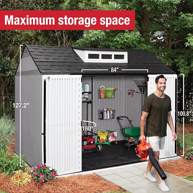 Rubbermaid Extra Large Resin Outdoor Storage Shed With Floor (7 x 10 Ft.), Weather Resistant, Brown, Organization for Home/Lawn Mower/Backyard Equipment/Bike Storage/Pool Supplies-VerdiqueGarden