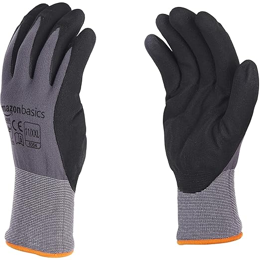 Amazon Basics Micro-Foam Nitrile Coated Work Gloves, Nylon Liner Fiber, Touch Screen, Grey, 11/XXL, 12-Pair-VerdiqueGarden