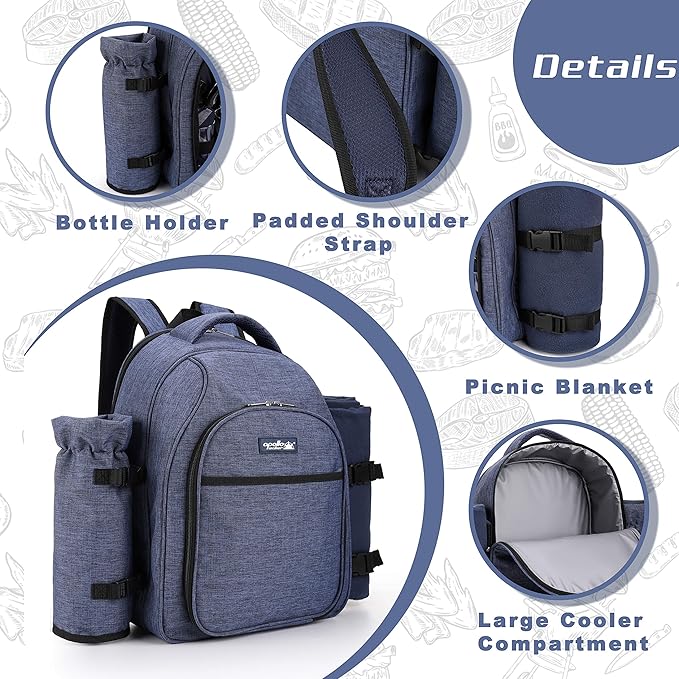 Apollo Walker Picnic Backpack Bag for 2 Person with Cooler Compartment, Detachable Bottle/Wine Holder, Fleece Blanket, Plates and Cutlery Set (2 Person, Navy)-VerdiqueGarden