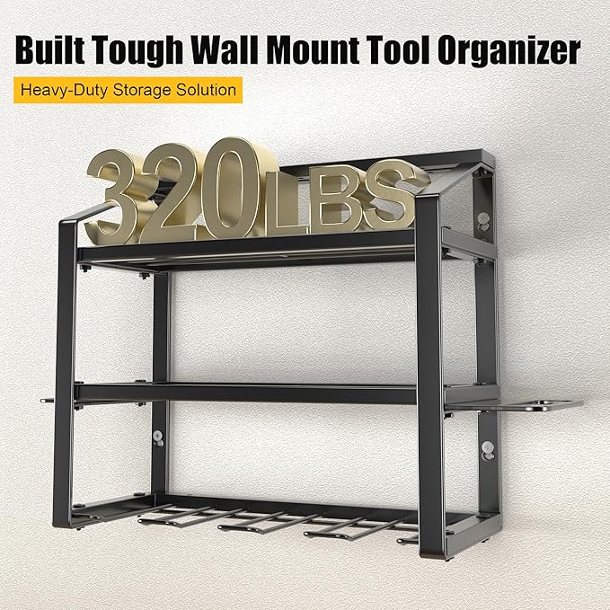 Power Tool Organizer With Charging Station, Heavy Duty Steel 4 Slots, Tool Battery Holder with 4 Outlet Power Strip, Easy To Install Garage Storage Rack for Workshop/Shed Gift For Men-VerdiqueGarden