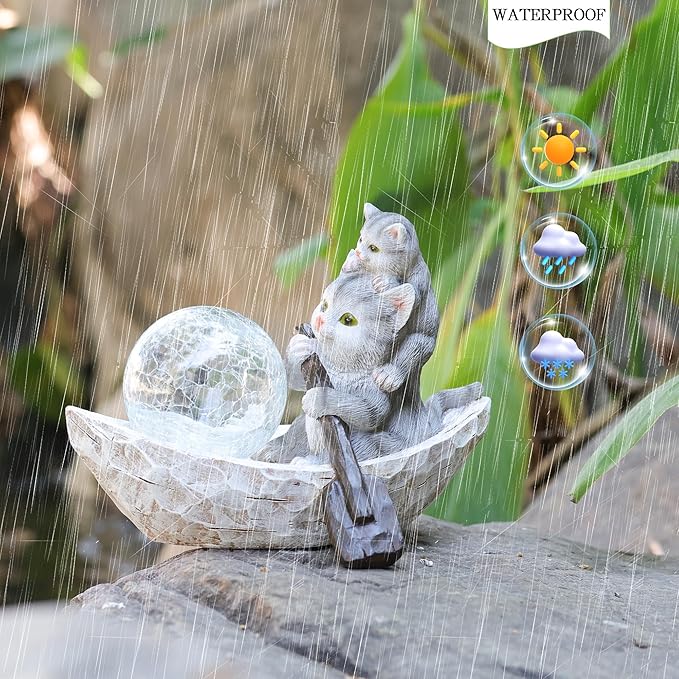 Garden Statue of Cat,Garden Decor Cat Figurine,Cats Outdoor Statue,Solar Decor for Patio,Balcony,Yard,Lawn Ornament-VerdiqueGarden