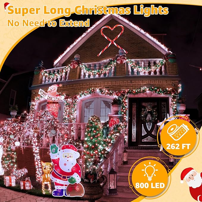 Ollny Christmas Lights Outdoor 800LED 262FT, Red and White Plug in Fairy Lights with Remote, 8 Modes Waterproof Timers Dimmable LED String Lights for Indoor House Outside Bedroom Patio Balcony-VerdiqueGarden