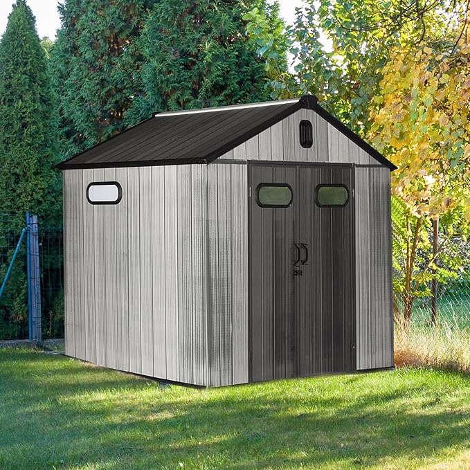 Domi 8x8 FT Outdoor Resin Storage Shed, All-Weather Double-Wall Storage Building for Backyard, Garden, Lawn Tools, Mower, Bike & Pool Equipment, Lockable Doors, Ventilated Roof, Grey-VerdiqueGarden