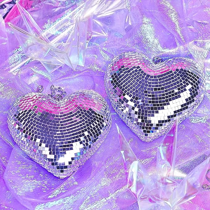 Disco Balls 2 Pack Silver Heart-Shaped Stage Mirror Balls Hanging Decor for Party, Room, Wedding, Garden, Retro Reflective Disco Ball Handmade Gifts (6.3 inch)-VerdiqueGarden