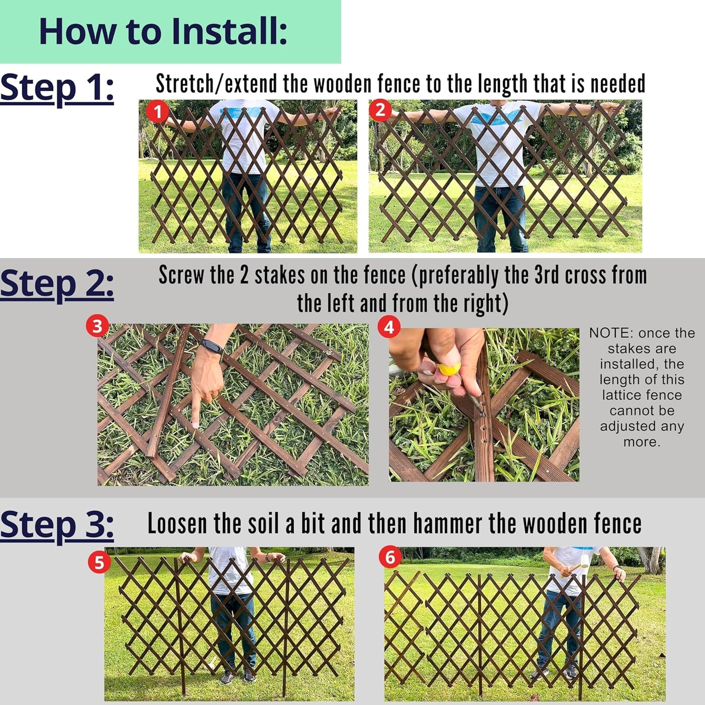 ShopLaLa Garden Fence (2 Pack, Total 12ft (L)) Wooden Lattice Panels for Outside Flower Edging Landscape Patio Outdoor Decor, Expandable Wood Plant Trellis Fences and Gates, Animal Barrier for Dogs-VerdiqueGarden