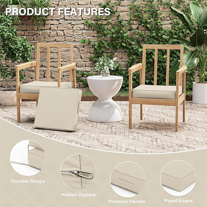 Patio Chair Cushions 17 X 16 X 3 Inch Waterproof Outdoor Seat Cushions for Patio Furniture, Outdoor Sofa Couch Pads with Ties & Handle, Set of 2, Cream-VerdiqueGarden
