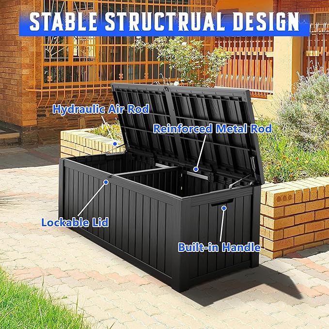 NUNU LAB 180 Gallon Outdoor Storage Box,Large Resin Sturdy Deck Box, Backyard Outside Storage Box Waterproof with Double Wall Panels,Package Delivery Garden Hose Storage Bin Outdoor Tool-VerdiqueGarden