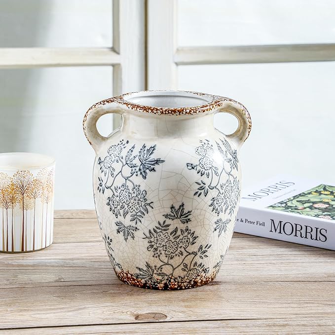 Enra Vintage vase with Handle,Blue and White Ceramic Decorative Flower vase, Chinoiserie Floral Vase,Large Rustic Vases for Home Decors, Living Room, Bookshelf, Office,7.8 in-VerdiqueGarden
