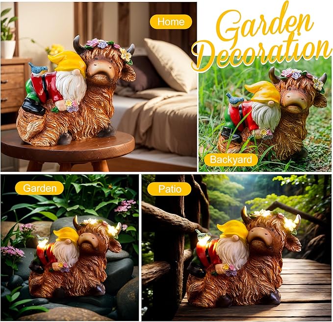 Garden Gnome Statue - Highland Cow with Solar Flower LED Lights and Bird - Funny Outdoor Decor for Table, Patio, Lawn - Unique Birthday Gifts for Mom, Women, and Christmas Decorations-VerdiqueGarden