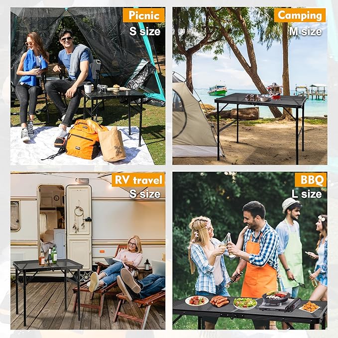 Camping Table with Mesh Desktop, Lightweight & Portable Small Folding Grill Table, Height Adjustable Metal Outdoor Table for Camp, Cooking, BBQ, RV, Picnic-2 FT Black-VerdiqueGarden