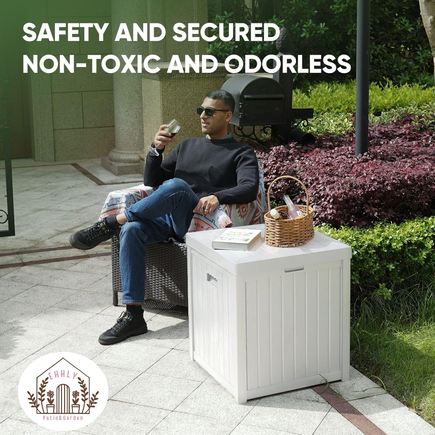 Deck Box, 51 Gallon Front Porch Package Bin Delivery Box for Outside, Small Patio Outdoor Storage Boxes Waterproof, UV Resistant Plastic Resin Pool Storage Bins with lids, White-VerdiqueGarden