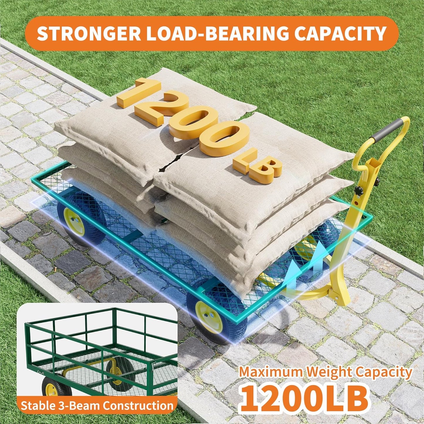 3-in-1 Heavy-Duty Steel Garden Cart, 1200 Lbs Garden Wagon, with 13 Inch All-Terrain Tires and Removable Mesh Side Panels, 180° Rotating Handle, Metal Utility Yard Trailer, Outdoor Gardens Wagon Cart-VerdiqueGarden