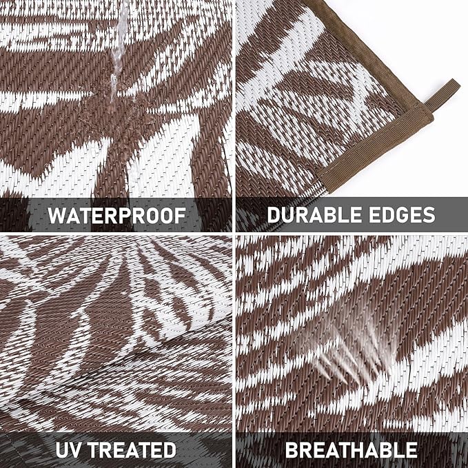 HiiARug Outdoor Rugs 9'x12' for Patios Clearance Brown Reversible Outdoor Rug, Outdoor Plastic Straw Rug RV Camping Rug Large Outdoor Mat for RV, Patio, Backyard, Deck, Picnic, Beach, Trailer, Camping-VerdiqueGarden