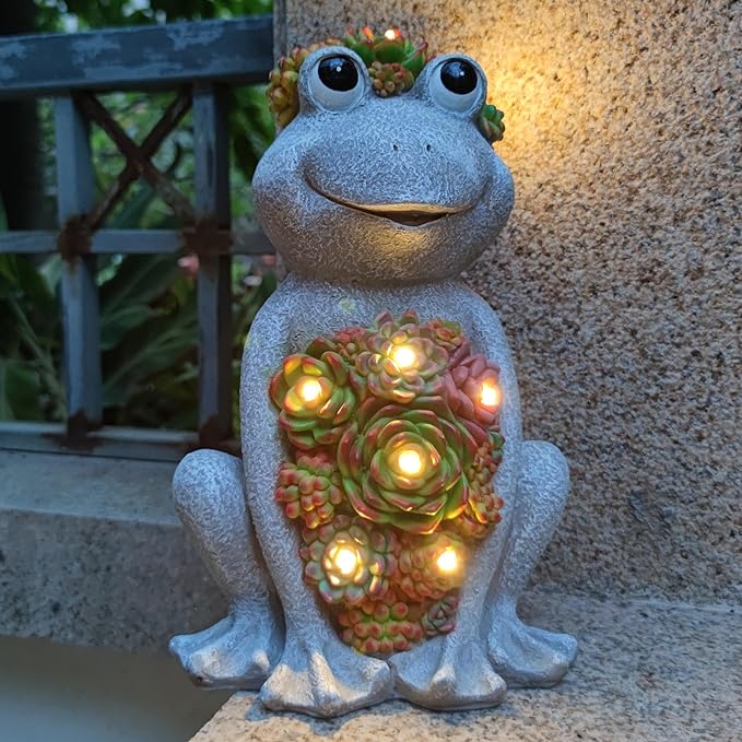 Large Frog Solar Garden Outdoor Statues with Succulent and 8 LED Lights,Outside Solar Frog Art Decor for Lawn,Yard, Balcony Ornament-VerdiqueGarden