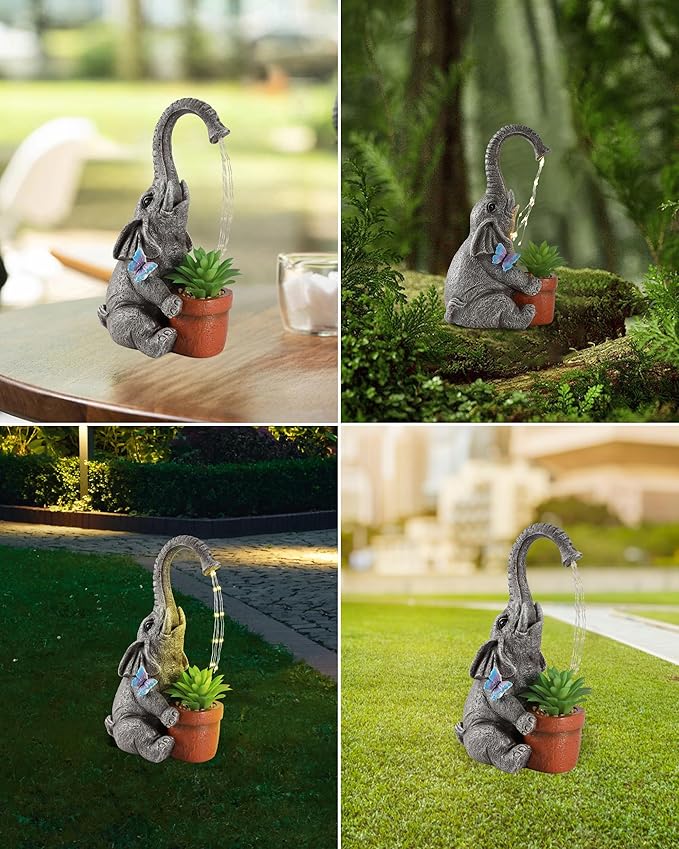 iStatue Solar Elephant Figurine with Succulent Plant Pot - 11'' Hand-Painted Lifelike Resin Lawn Ornaments Statue for Yard Art Garden Decor Gifts (Elephant)-VerdiqueGarden