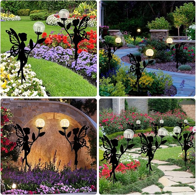 Ouddy Decor 2 Pack Solar Fairy Garden Decor, Metal Statues with Crackle Glass Globe Lights Silhouette Waterproof for Outdoor Lawn Patio Yard Pathway Home Decorations Gardening Gifts for Mother's Day-VerdiqueGarden