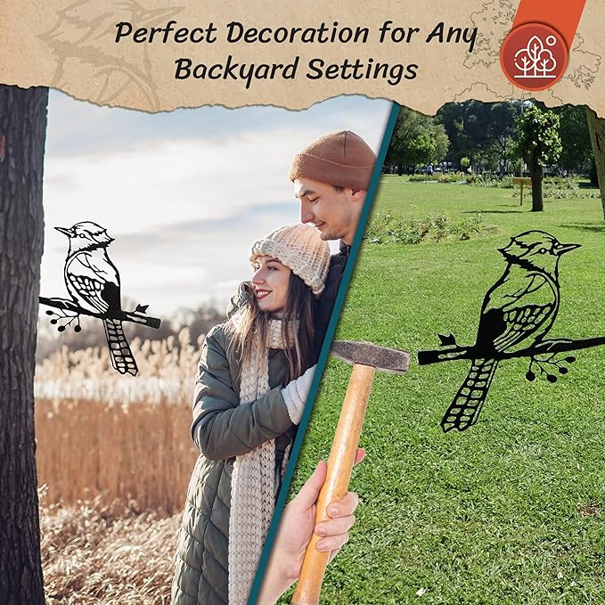 Renovatio Metal Bird Decor – Rustic Bluejay Decoration, Metal Garden Sculpture, Outdoor Tree Ornaments – A Unique Outdoor Yard Decor – Bluejay (Black)-VerdiqueGarden