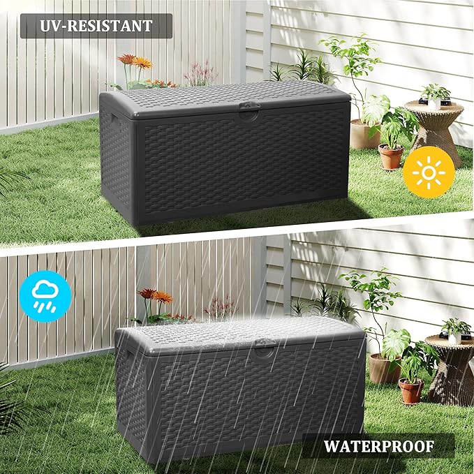 80 Gallon Plus Outdoor Storage Box Waterproof Lockable Resin Deck Box Large, Patio Storage Bin for Pool Accessories Cushion Furniture, Garden Tools, UV-Resistant Outside Delivery Black-VerdiqueGarden