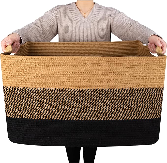 MINTWOOD Design 22in Extra Large Blanket Basket Holder for Living Room, Rectangle Rope Woven Storage Bin with Handles for Laundry, Pool Towels, and Shoes, Dog Toy Box Organizer, Black Jute-VerdiqueGarden