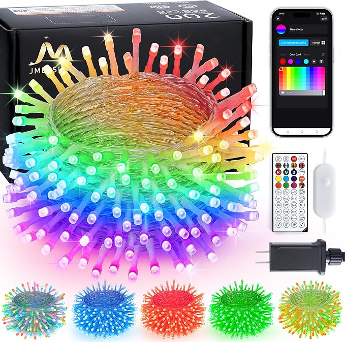 JMEXSUSS 200 LED RGB String Light Outdoor Indoor, Christmas Lights Outdoor Clear Wire Christmas Lights Plug in for Bedroom Tree Room Party Birthday Decorations-VerdiqueGarden