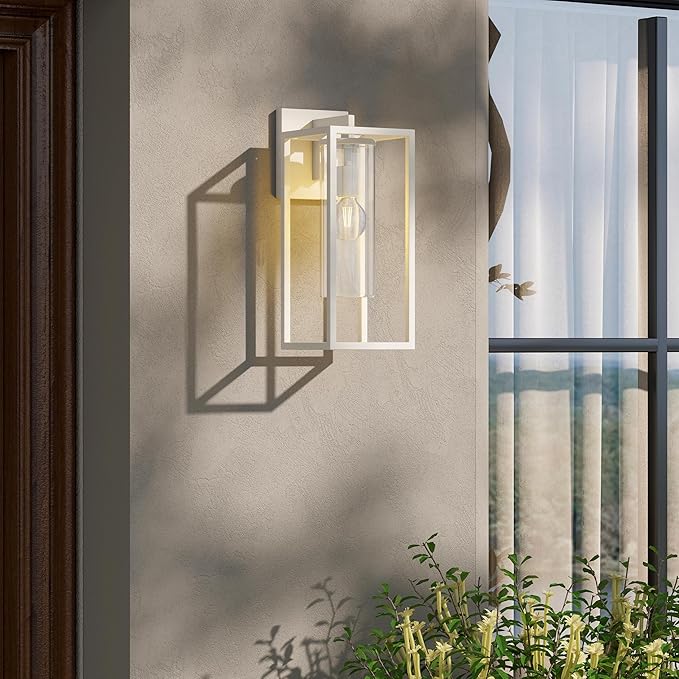 15.7 Inch Outdoor Wall Lights, Outdoor Wall Lantern with Circular Clear Glass Shade, Waterproof Exterior Lighting Fixtures, Modern Front Porch Lighting for House, Garage, E26 Base, ETL Listed, White-VerdiqueGarden