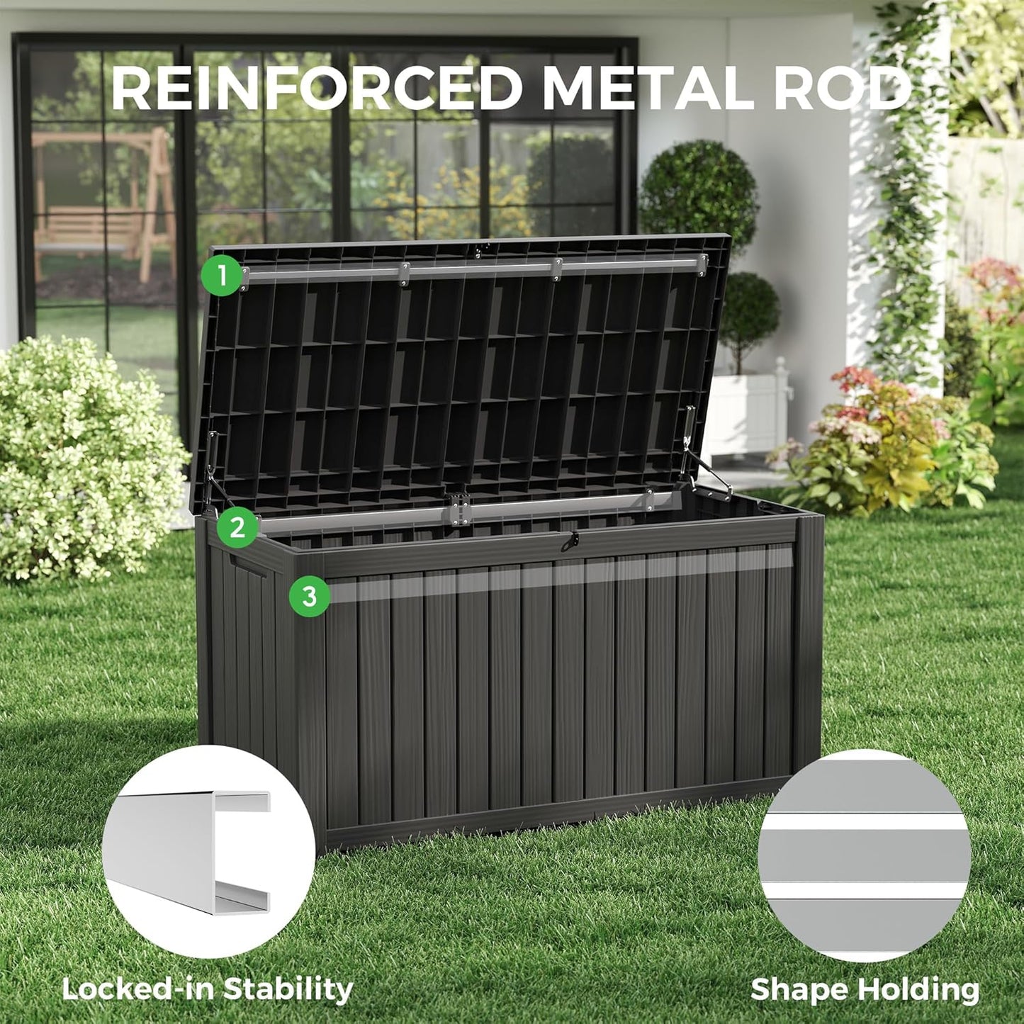 150 Gallon Resin Deck Box, Large Indoor and Outdoor Storage Box, Weatherproof and UV Resistant Outdoor Storage Box with Built-in Steel Beams for Patio, Cushions, Pool Supplies-VerdiqueGarden
