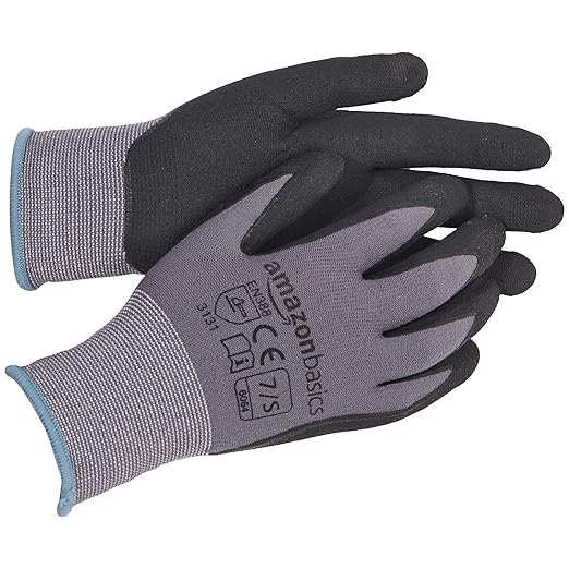 Amazon Basics Micro-Foam Nitrile Coated Work Gloves, Nylon Liner Fiber, Touch Screen, Grey, Size 7/S, 12-Pair-VerdiqueGarden