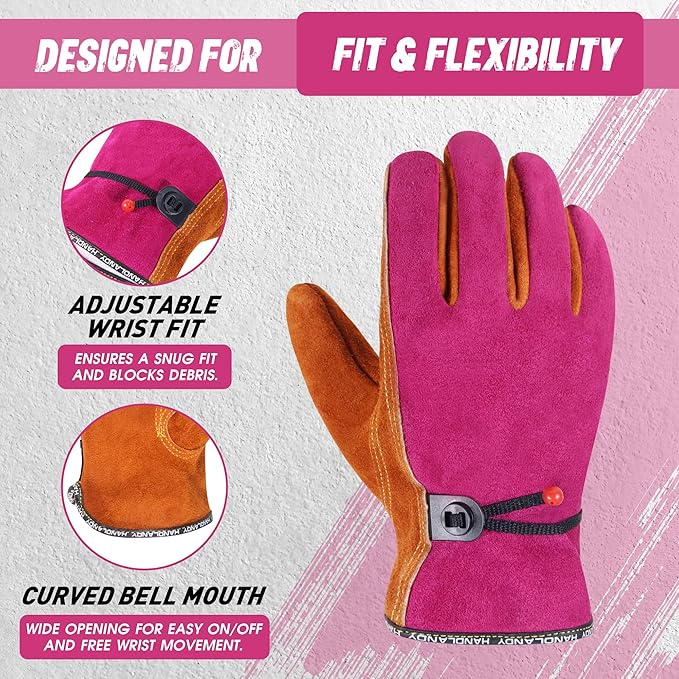 HLDD HANDLANDY Leather Work Gloves for Men & Women, Adjustable Wrist Cowhide Gardening Glove with Reinforced Palm for Driver-VerdiqueGarden