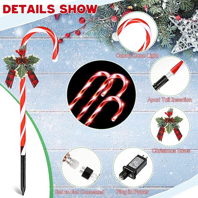 Hiboom Christmas Candy Cane Lights, 10 Pcs 21 Inch Pathway Markers Lights with Stakes, Christmas Driveway Lights End to End Connected for Xmas Holiday Party Walkway Patio Garden Decor (Red and White)-VerdiqueGarden
