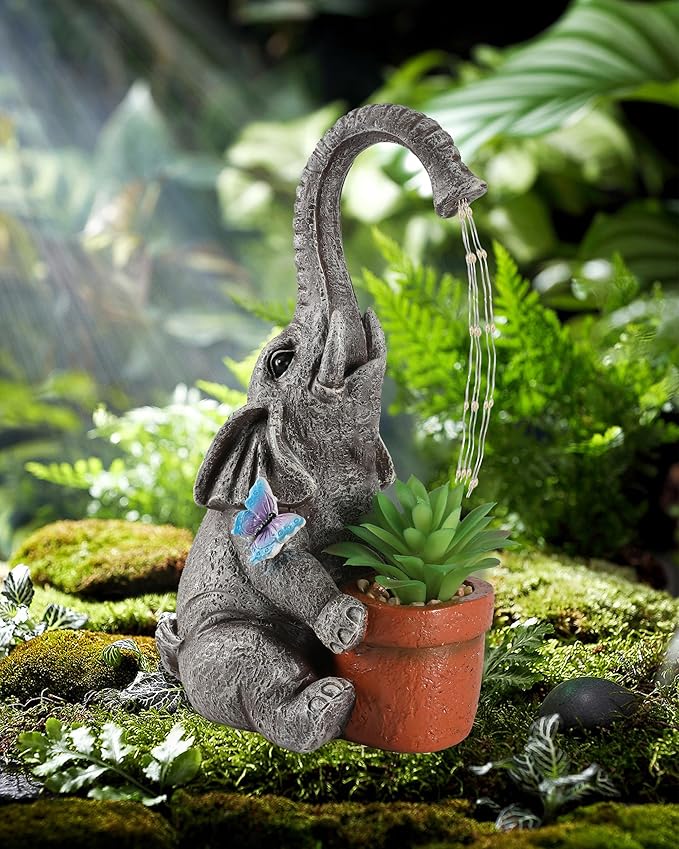 iStatue Solar Elephant Figurine with Succulent Plant Pot - 11'' Hand-Painted Lifelike Resin Lawn Ornaments Statue for Yard Art Garden Decor Gifts (Elephant)-VerdiqueGarden