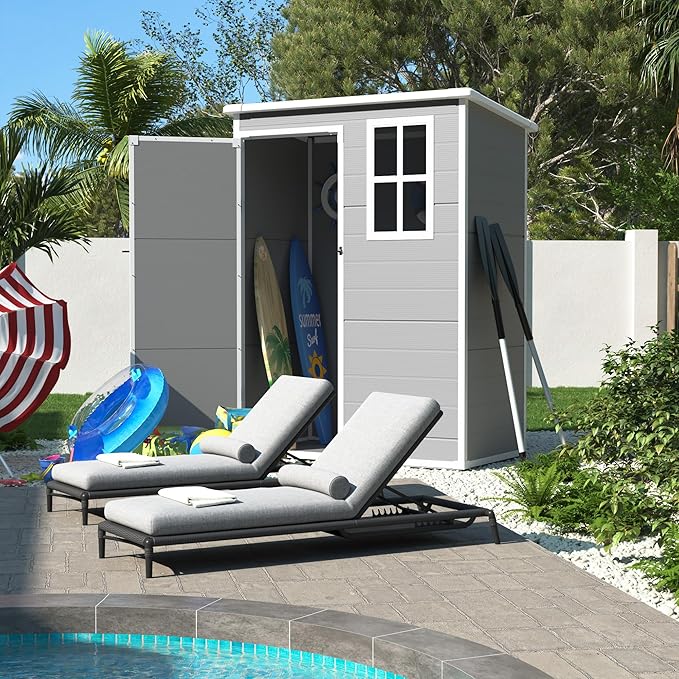 UDPATIO Outdoor Storage Shed 5x3 FT, Plastic Garden Shed for Bike, Garbage Can, Tool, Outside Sheds & Outdoor Resin Shed with Lockable Door for Backyard, Patio, Lawn, Grey & White-VerdiqueGarden