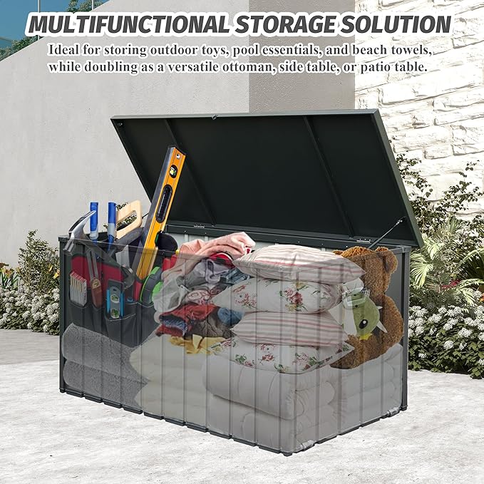 Domi Deck Box 190 Gallon, Waterproof Lockable Steel Outdoor Storage Container for Outside Cushions, Garden Tools and Pools Equipment, Gray-VerdiqueGarden