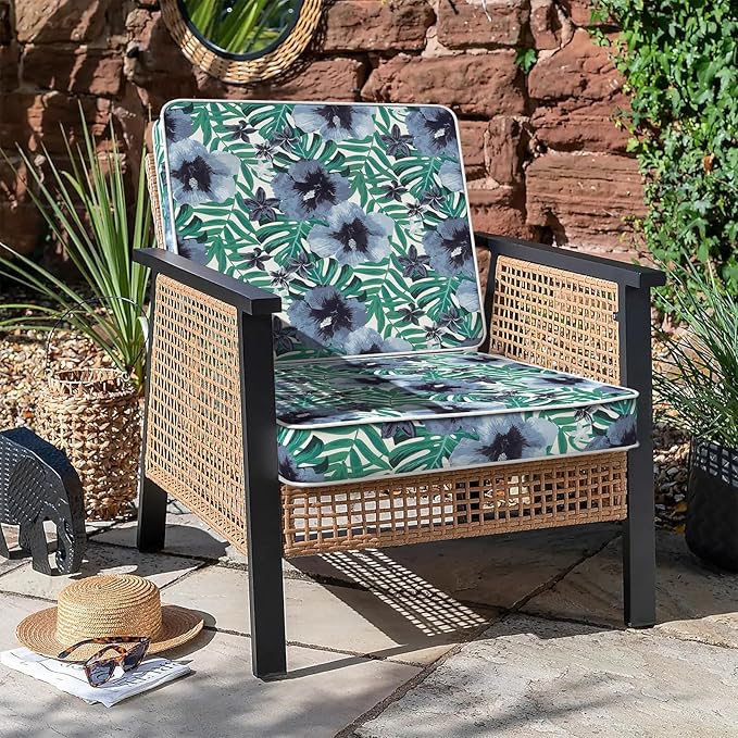 LVTXIII Patio Chair Cushions 22"x22"x3", Water-Repellent Outdoor Seat Cushions for Patio Furniture, Square Chair Pads with Ties for Home Garden Decoration, Set of 2, Blue Salmone Tropical-VerdiqueGarden