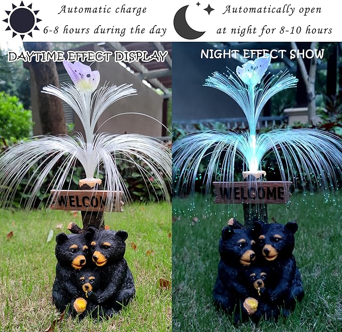 Solar Bear Garden Statues,Resin Black Bear Family Figurine with Welcome Card and 7-Color Changing Optical Fiber with Solar Lights, Lawn Decor Outdoor Statue for Patio,Balcony,Yard,Lawn-VerdiqueGarden
