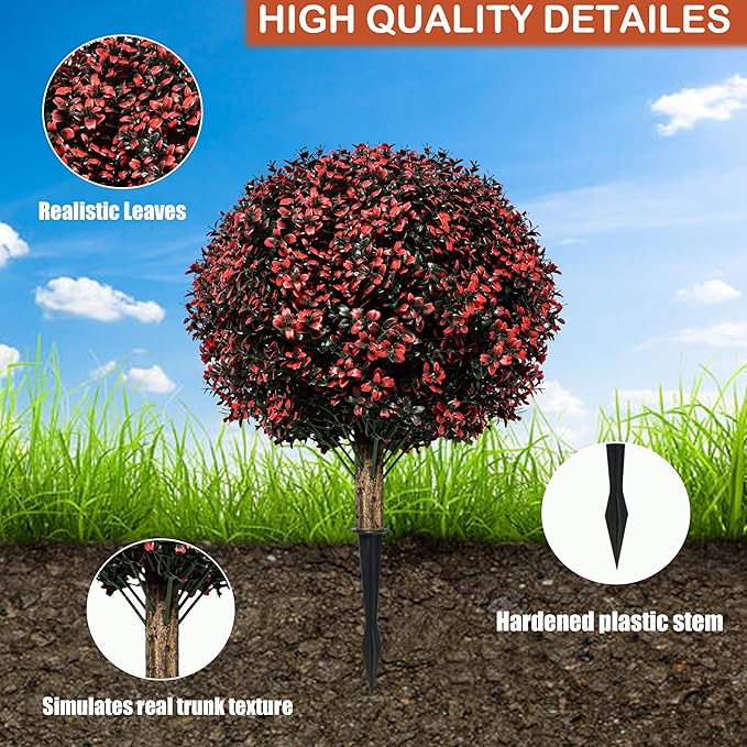 Fall Artificial Topiary Ball Boxwood Tree Outdoor with Spike,Set of 2 Large Faux Shrubs Bushes for Outdoor Planter,UV Resistant Autumn Fake Boxwood Plants for Potted Porch Indoor 24"-VerdiqueGarden
