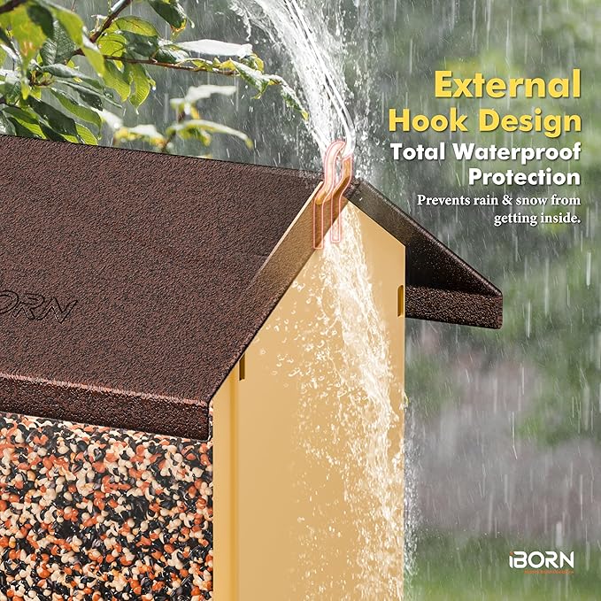 iBorn Bird Feeders for Outdoors,Bird House Feeder with Weatherproof Metal Roof & 8 Drain Holes,Fully Detachable Birdfeeder Design,Easy Clean & Refill,Chew-Proof PC Windows,1.5 Lbs Capacity,Coffee Roof-VerdiqueGarden