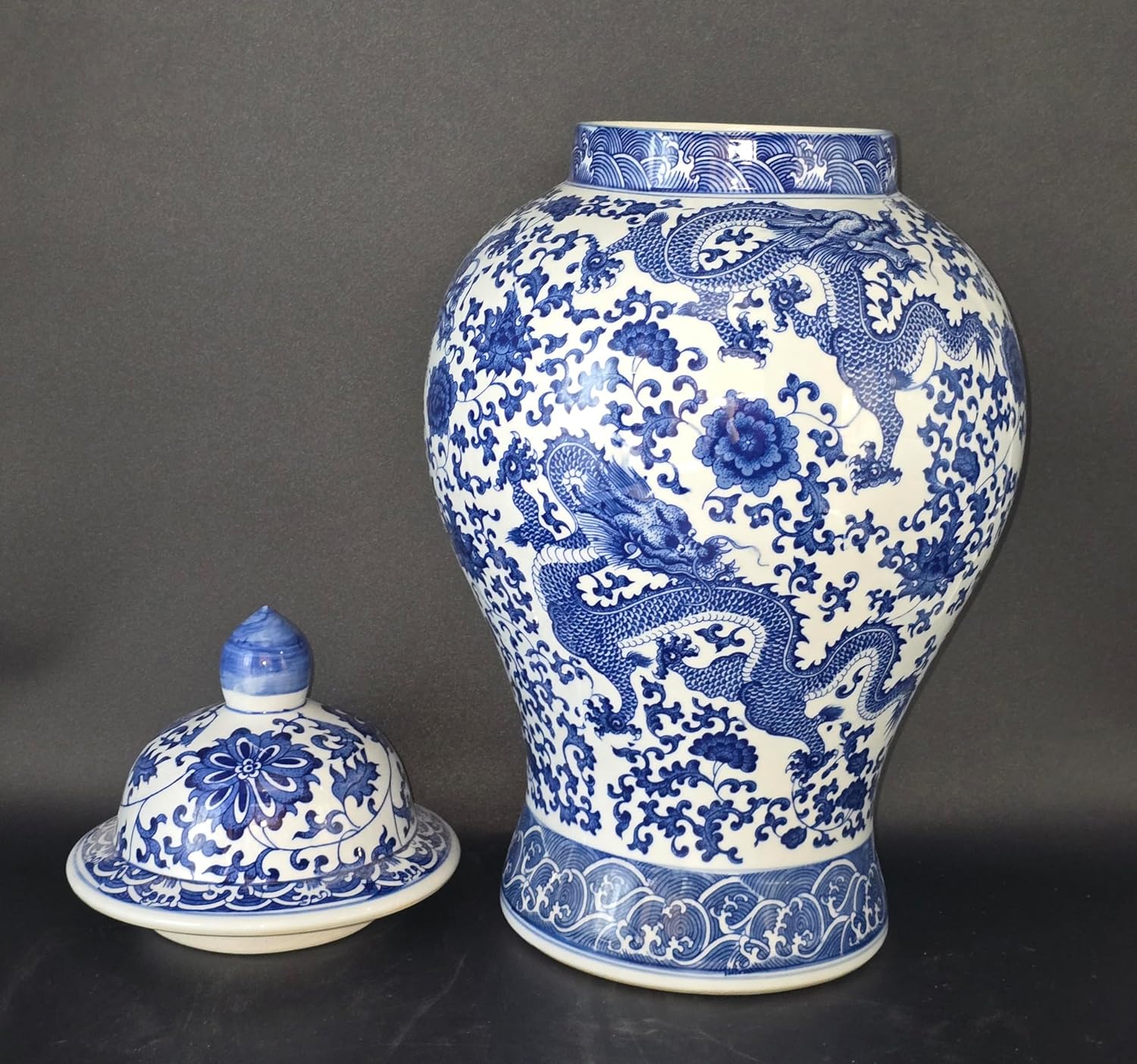 20" Classic Blue and White Floral Porcelain Ceramic Temple Ginger Jar Vase, Large China Qing Style (Dragon1)-VerdiqueGarden