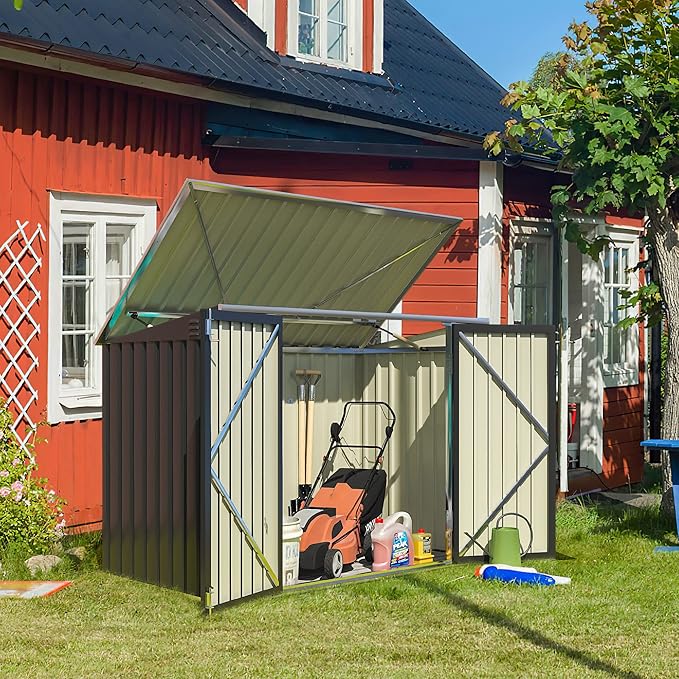 Greesum 5.8x3.3 FT Outdoor Storage Shed Metal Garbage Shed with Lid Chain Hydraulic Gas Rod for Lawn Tools, Bikes, Toys,Garbage Bin,Black-VerdiqueGarden