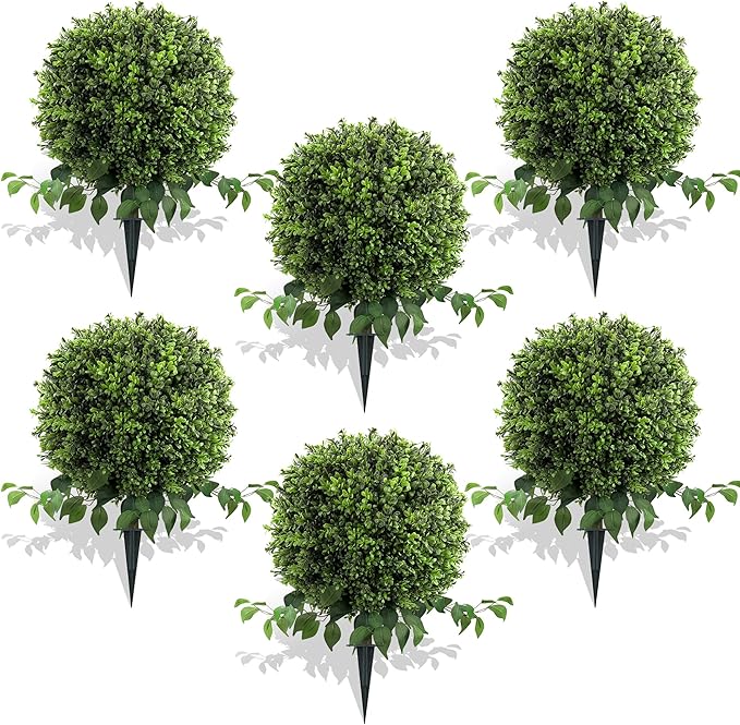 28" Artificial Boxwood Ball Bush, UV Resistant Topiary Tree Faux Boxwood Ball Shaped Porch Bushes with Ground Spike Artificial Bushes for Outdoors Front Door Decor Home Garden (6, Green)-VerdiqueGarden