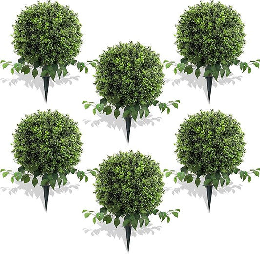 28" Artificial Boxwood Ball Bush, UV Resistant Topiary Tree Faux Boxwood Ball Shaped Porch Bushes with Ground Spike Artificial Bushes for Outdoors Front Door Decor Home Garden (6, Green)-VerdiqueGarden