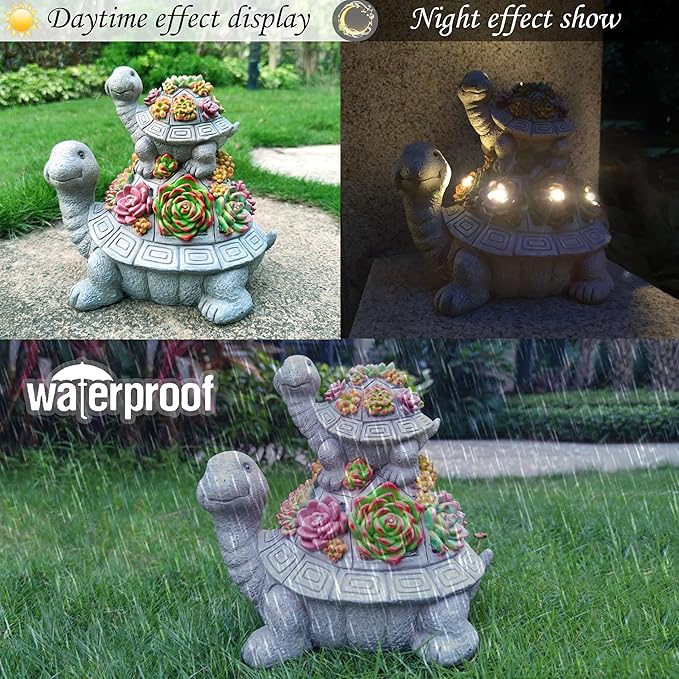 Large Turtle Solar Garden Outdoor Statues with Succulent and 6 LED Lights,Outside Solar Turtle Decor Art for Lawn,Yard, Balcony Ornament, to Give-VerdiqueGarden