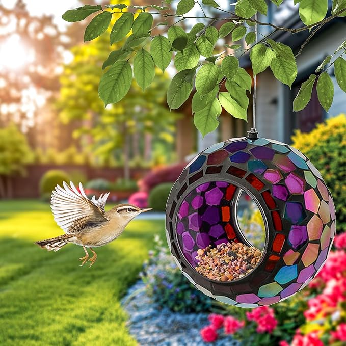 Sunnydaze 6-Inch Glass Mosaic Hanging Bird Feeder for Outdoors - Fly-Through Wild Bird Feeder - Iridescent Purple Mosaic-VerdiqueGarden