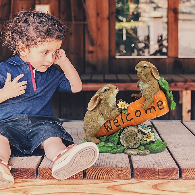 Design Toscano HF317387 Bunny Bunch Rabbits Outdoor Garden Statue Welcome Sign, 10 Inch, Full Color-VerdiqueGarden